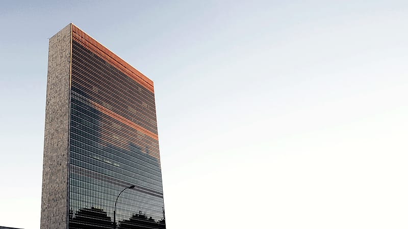 Flags of many nations stand in a row outside a modern international organization headquarters building.